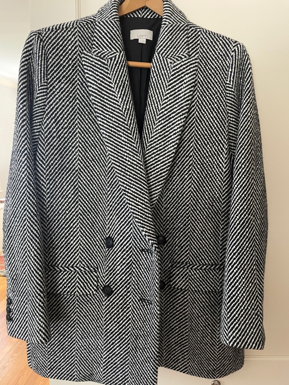LOFT Black & White Herringbone Double-Breasted Blazer